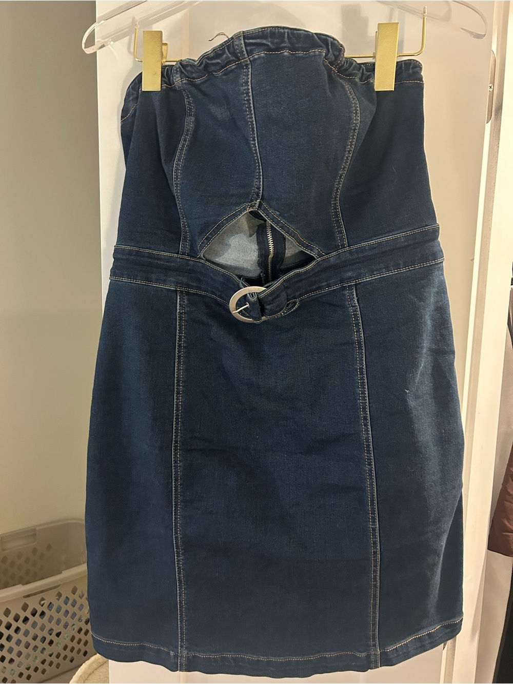 Free People Denim Strapless Belted Mini Dress in Dark Blue